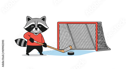 A playful raccoon enjoys a game of ice hockey on a frozen pond