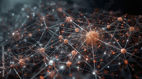 Abstract Network:  Interconnected Nodes, Glowing Copper and Silver, Futuristic Technology Concept, Dark Background, High-Resolution 3D Render.