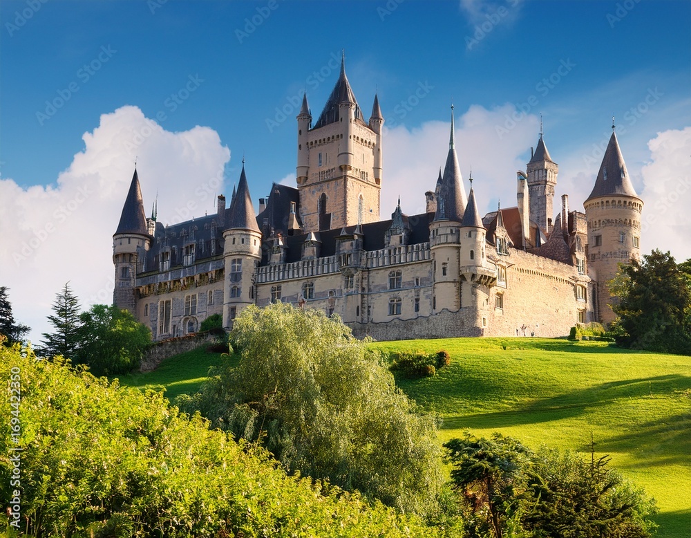 Fototapeta premium a large castle sits atop a lush green hillside perfect for historical or fantasy scenes