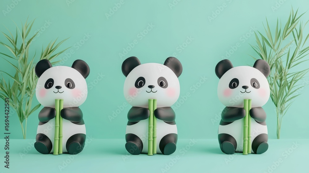 Naklejka premium Kawaii pandas, eating bamboo, 3D illustration
