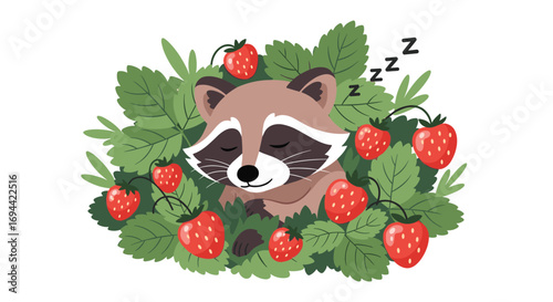 Adorable raccoon napping peacefully among ripe strawberry plants outdoors