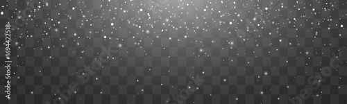 Abstract glowing snow particles scatter across the canvas creating a shimmering effect. The light round flakes vary in size and intensity, simulating snowfall. Suitable for festive backgrounds.