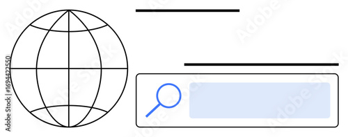 Globe with latitude and longitude lines, magnifying glass over a search box. Ideal for technology, connectivity, internet, research, innovation, search engines, simple landing page