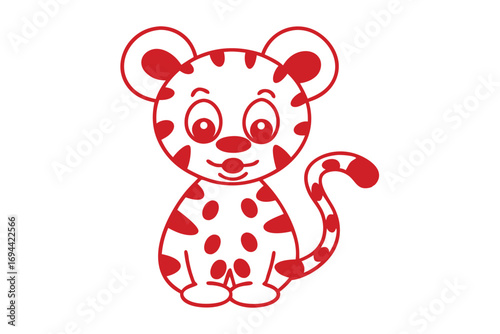 Red dotted cartoon tiger cub sits with big eyes staring on white background