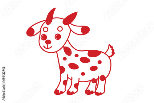 Red line art shows a cute goat with red spots smiling sweetly