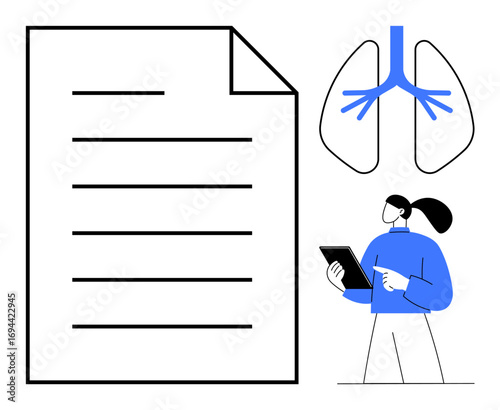 Female doctor with tablet reviews health data beside oversized document and lung diagram. Ideal for healthcare, diagnostics, telemedicine, education, research, data analysis, simple landing page