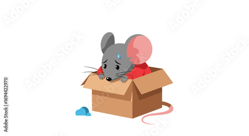 Small worried mouse stuck inside a cardboard box feeling anxious