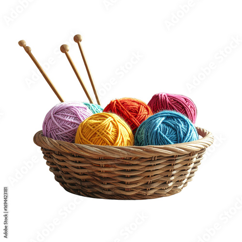 A colorful collection of yarn balls and knitting needles in a woven basket ready for creative crafting at home
