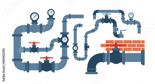 Complex piping system with valves and gauges industrial plumbing network design