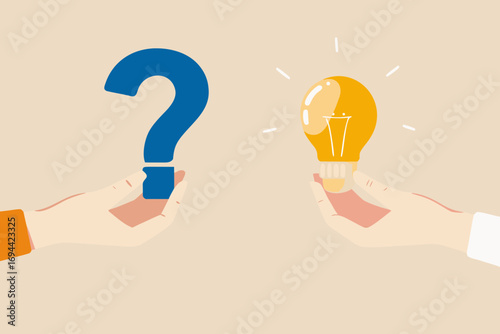 Two hands holding a question mark and a glowing light bulb symbolizing problem solving and innovation