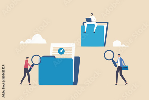 Business people analyzing data and documents with magnifying glasses and laptops for research and investigation