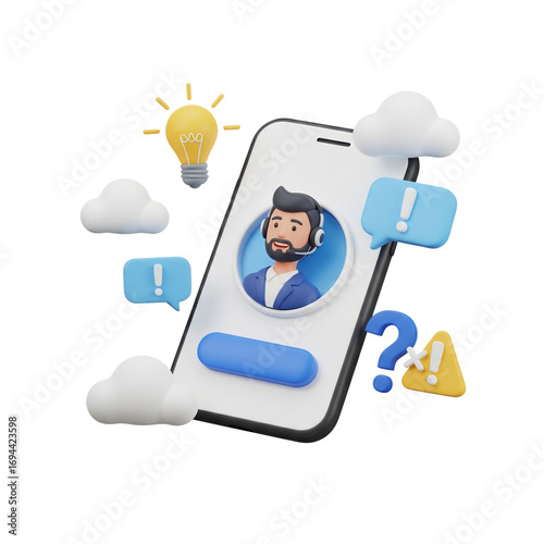 Innovative mobile customer support illustration showcasing cartoonish 3d rendered elements on