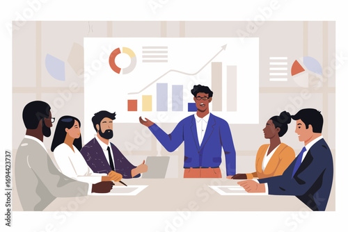 Diverse business team in a meeting room presenting growth charts and data on a screen