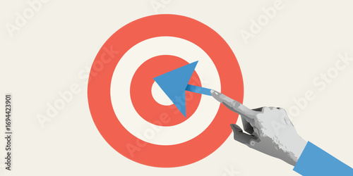 Hand pointing a blue arrow towards the center of a red and white target symbol representing success and achievement