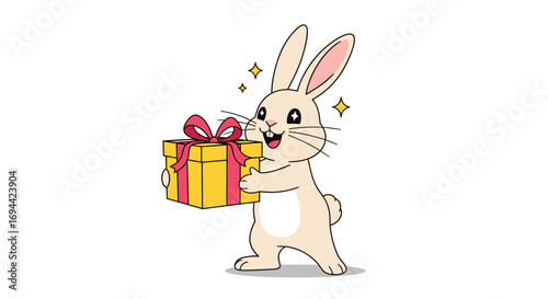 Cute bunny giving a special surprise gift box tied with a red ribbon