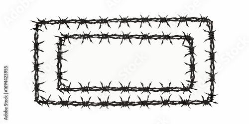 Two concentric rectangular frames made of sharp barbed wire on a white background