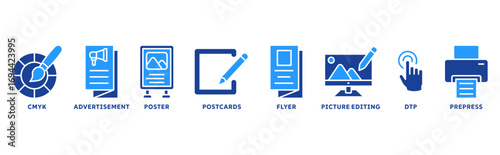 Print icon set illustration concept with icon of flyer, advertisement, poster, postcards, CMYK, picture editing, DTP,  prepress