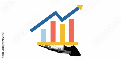 Hand holding rising bar graph with upward trending arrow symbolizing financial growth and success