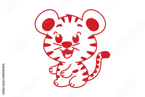 Red outline displays a cute cartoon tiger smiling with bold spots on white