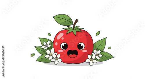 Cute kawaii tomato character with fresh green leaves and white flowers adorable food art