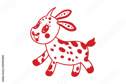 Red outline of a joyful spotted kid goat prances against a bright white backdrop