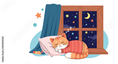 A ginger cat peacefully sleeping on a soft pillow by the window at night