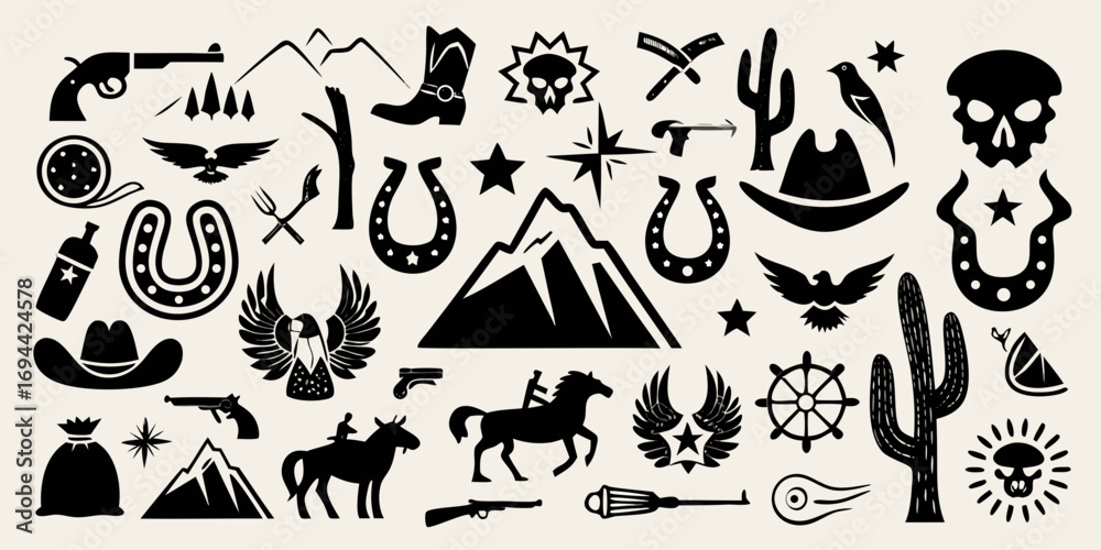 Naklejka premium Collection of western and cowboy icons featuring horses cacti and guns