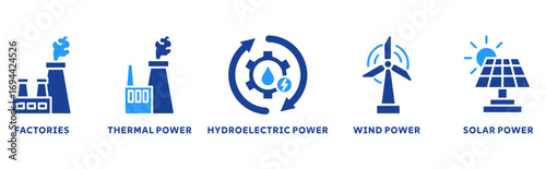 Smart Grid icon set illustration concept with icon of factories, thermal power, hydroelectric power, wind power, solar power