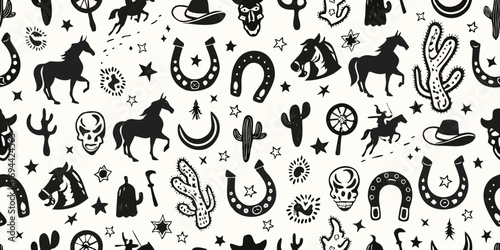 Whimsical black and white western cowboy pattern with horses cacti skulls and horseshoes