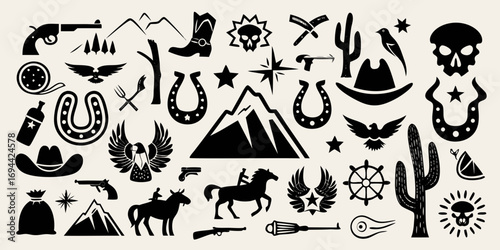 Collection of western and cowboy icons featuring horses cacti and guns