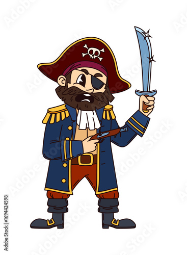 Cartoon funny groovy pirate character. Isolated vector fierce sea corsair or captain retro personage with beard, holding saber and flintlock gun, ready for high seas adventures and treasure hunts