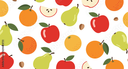 Vibrant fresh fruits seamless pattern design background