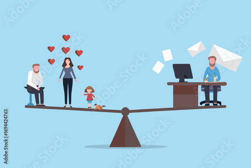 Balancing family life and work responsibilities on a scale illustrating priorities