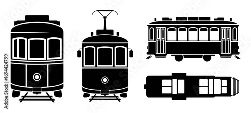 Black Silhouette Icons of Vintage Trams from Multiple Views