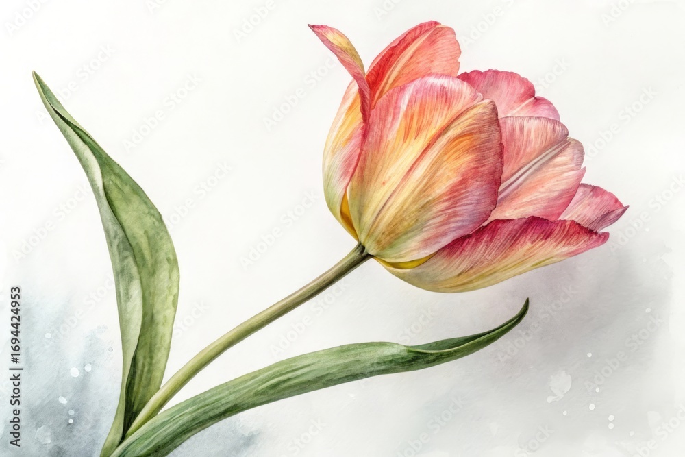 Fototapeta premium Delicate pink yellow tulip bloom with green leaves flower petal