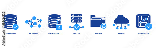 Data Center icon set illustration concept with icon of database, network, data security, server, backup, cloud, technology