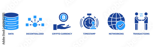 Blockchain icon set illustration concept with icon of data, decentralized, crypto currency, timestamp, network, transactions