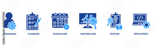 Release Management icon set illustration concept with icon of managing, planning, scheduling, building, testing, controlling, deployment