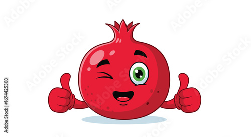 Cartoon pomegranate character with thumbs up and winking face