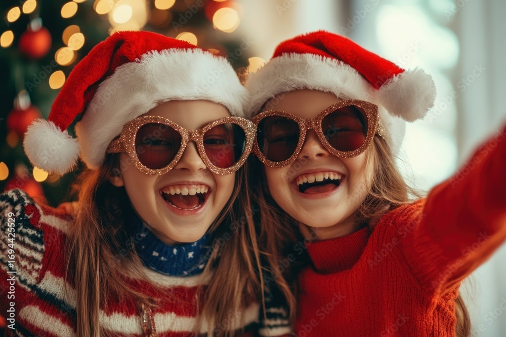 Happy two sister celebrating glasses happy christmas. Happy two sister celebrating glasses happy christmas.