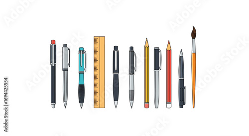Collection of writing instruments and measuring tool