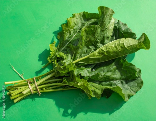 Freshly harvested vibrant collard greens bunch ready for healthy recipes on a bright green surface