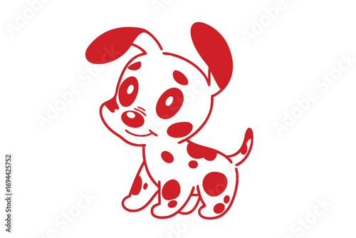 Red outlined cartoon dalmatian puppy stands happily with a spotted pattern on its body