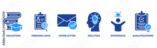 Curriculum Vitae icon set illustration concept with icon of  education, personal data, cover letter, abilities, experience, qualifications