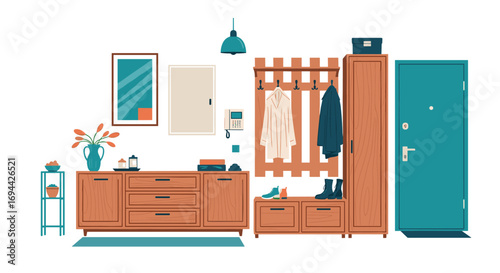 Cozy entrance hallway with wooden furniture and coat rack