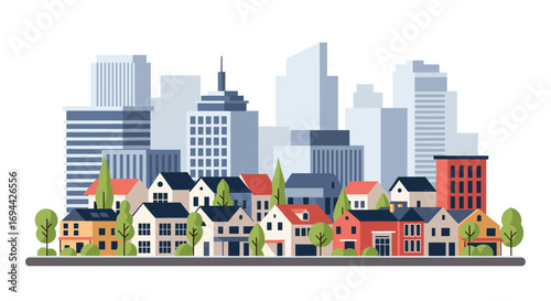 A vibrant cityscape featuring diverse residential buildings against a backdrop of modern skyscrapers