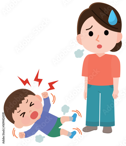 癇癪を起こして床でジタバタする男の子と困る女性　イラスト