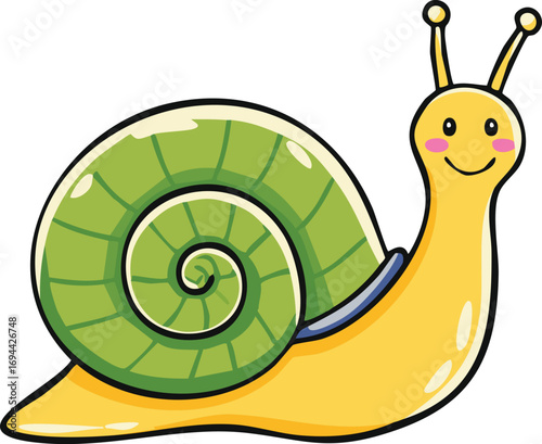 A cheerful cartoon snail with a green spiral shell, smiling.