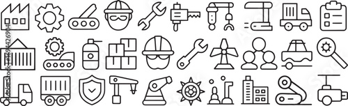 Manufacturing and Industrial Process Line Icons / A Collection of Factory, Engineering, and Equipment Vectors

