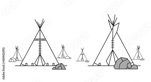 Two native american tipi shelters with surrounding landscape elements